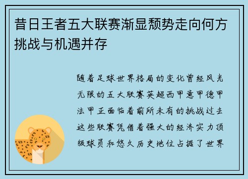 昔日王者五大联赛渐显颓势走向何方挑战与机遇并存 昔日王者五大联赛渐显颓势走向何方挑战与机遇并存