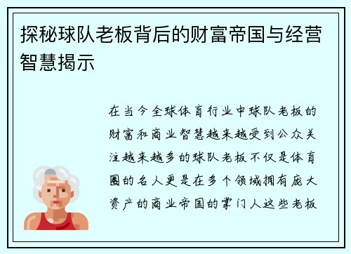 探秘球队老板背后的财富帝国与经营智慧揭示 探秘球队老板背后的财富帝国与经营智慧揭示