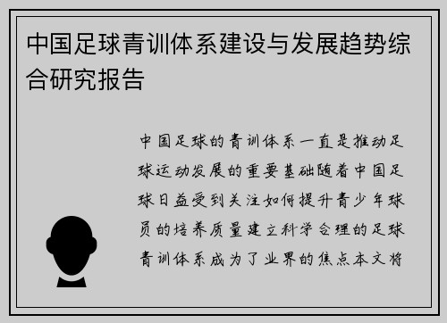 中国足球青训体系建设与发展趋势综合研究报告